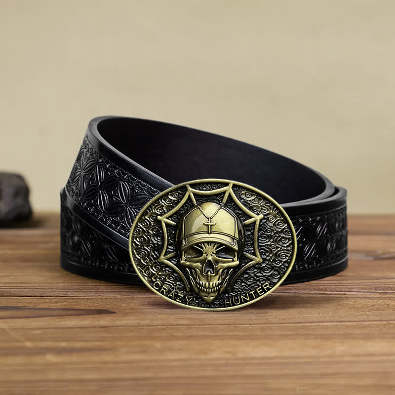 Cintura in pelle con fibbia a teschio Crazy Hunter fai da te da uomo - Bronzo antico - Cintura in tessuto goffrato nero (40) - image 11