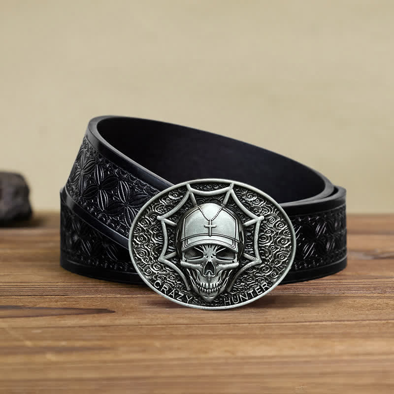 Cintura in pelle con fibbia a teschio Crazy Hunter fai da te da uomo - Argento antico - Cintura in tessuto goffrato nero (40) - image 10