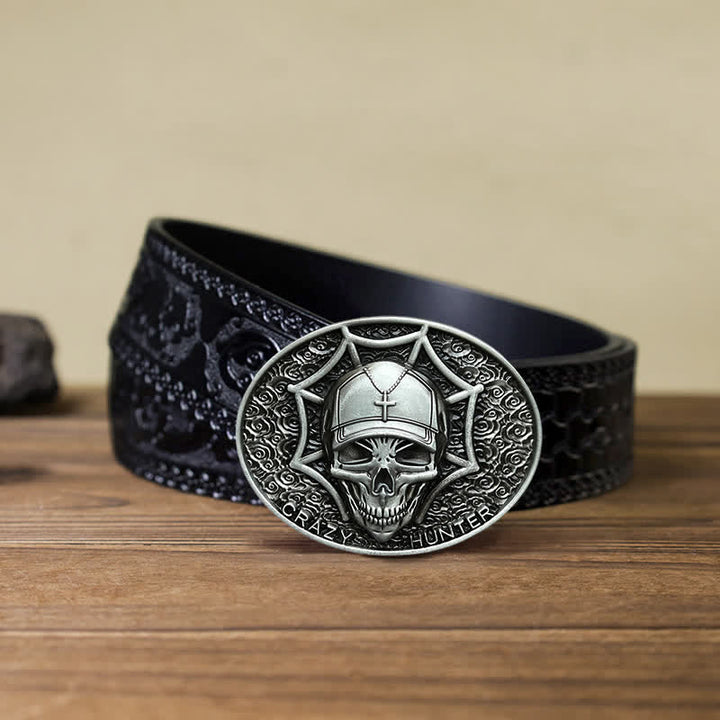 Cintura in pelle con fibbia a teschio Crazy Hunter fai da te da uomo - Argento antico - Cintura nera intagliata (40) - image 13