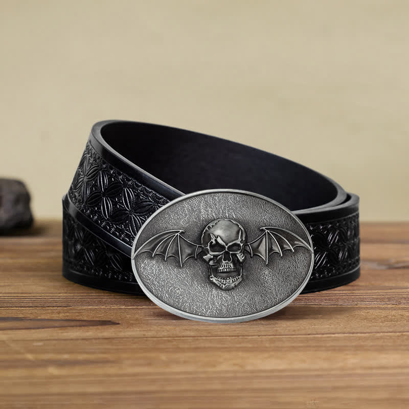 Cintura in pelle con fibbia a teschio con ali di pipistrello punk fai da te da uomo - Cranio - Cintura in tessuto goffrato nero (40) - image 8