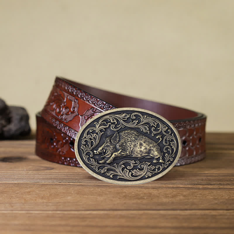 Cintura in pelle con fibbia a forma di cinghiale fai da te da uomo - Cinghiale - Cintura marrone intagliata (40) - image 13