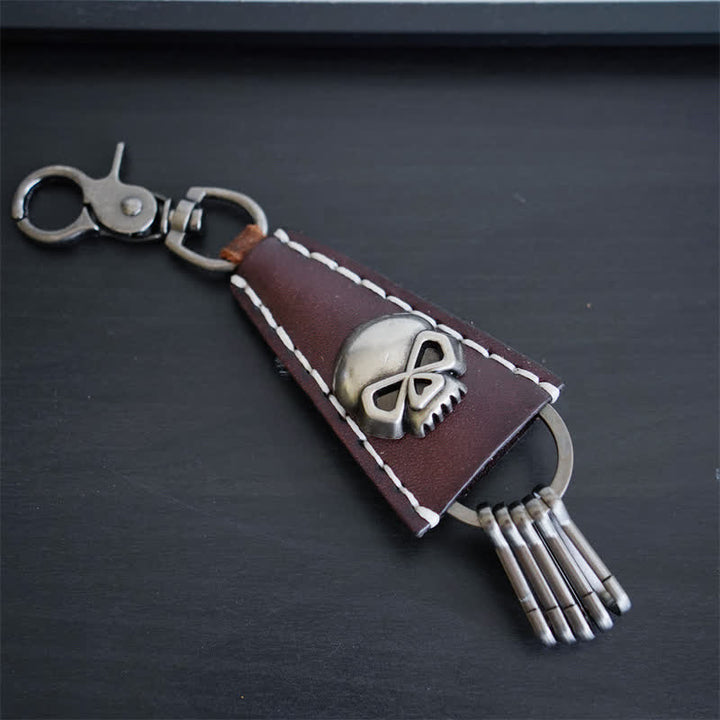 Portachiavi in pelle fatto a mano con testa di teschio punk - Caffè - image 5