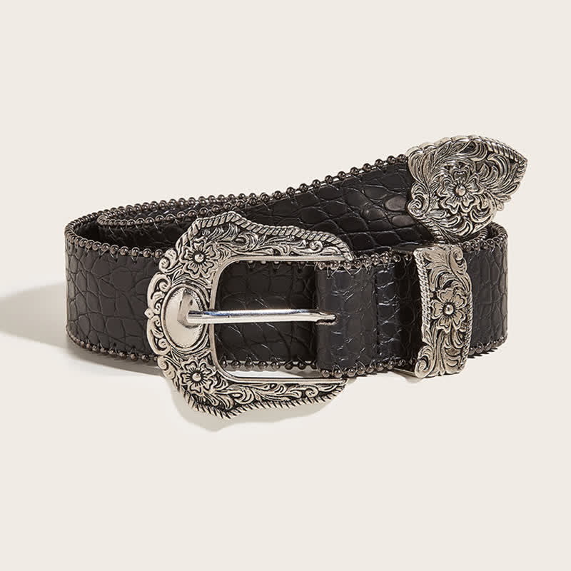 Cintura in pelle con stampa coccodrillo e bordo macramè da donna - Nero - 32 - image 0