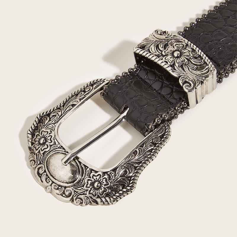 Cintura in pelle con stampa coccodrillo e bordo macramè da donna - image 1