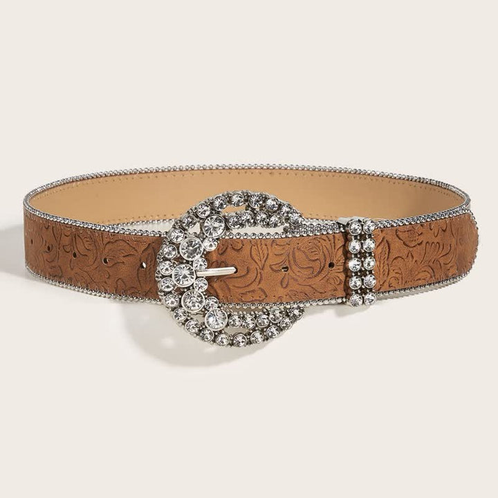 Cintura in pelle con fibbia rotonda in strass da donna e bordo perlinato - image 2
