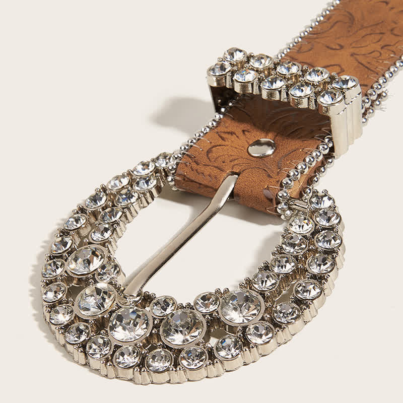 Cintura in pelle con fibbia rotonda in strass da donna e bordo perlinato - image 4