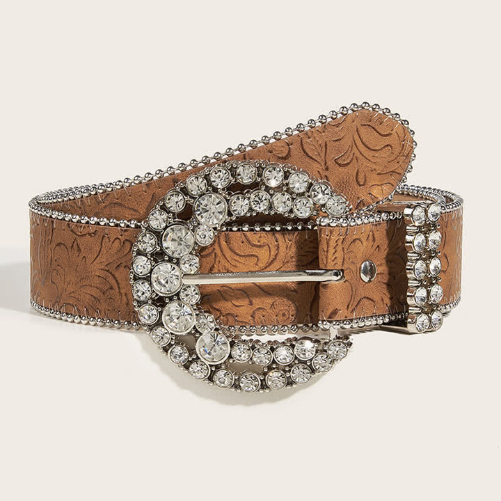 Cintura in pelle con fibbia rotonda in strass da donna e bordo perlinato - Cammello - 32 - image 0