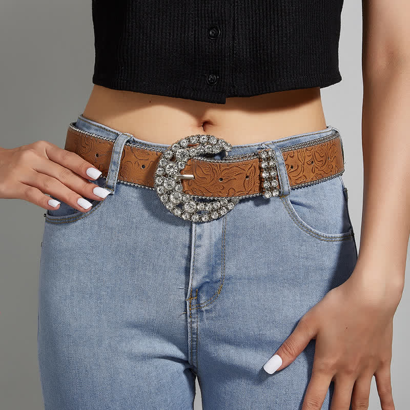Cintura in pelle con fibbia rotonda in strass da donna e bordo perlinato - image 1