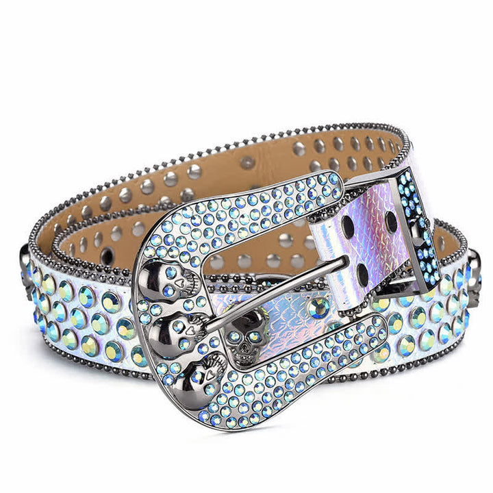 Cintura in pelle con fibbia a teschio punk da donna e bordo con perline - Azzurro cielo - 40 - image 4