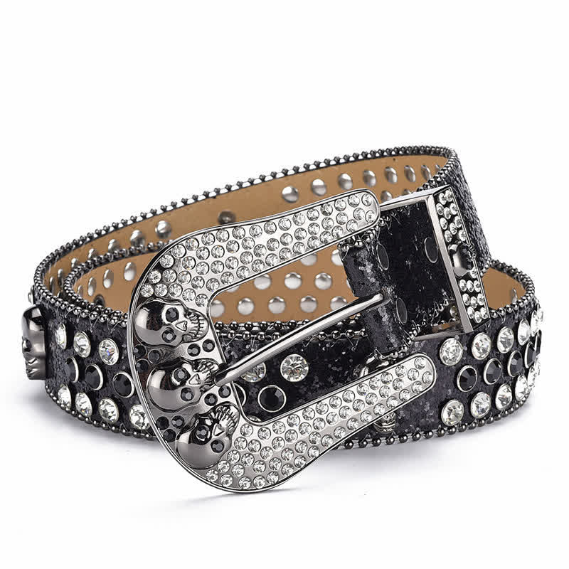 Cintura in pelle con fibbia a teschio punk da donna e bordo con perline - Nero - 40 - image 0