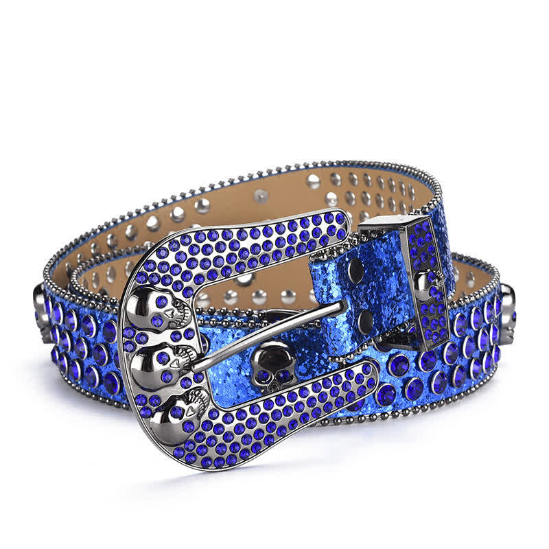 Cintura in pelle con fibbia a teschio punk da donna e bordo con perline - Blu scuro - 40 - image 16