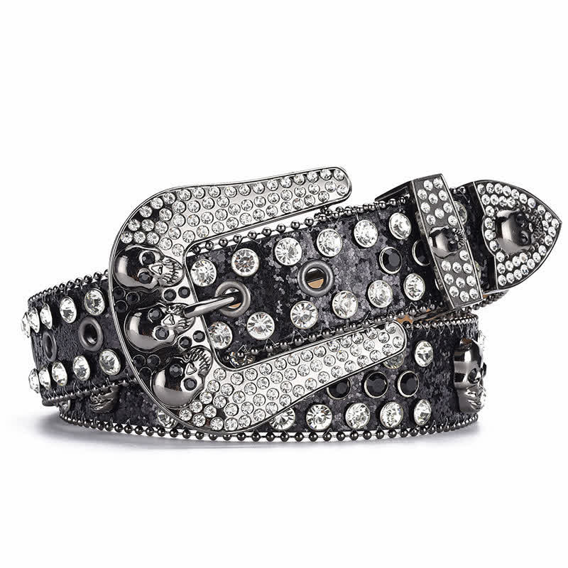 Cintura in pelle con fibbia a teschio punk da donna e bordo con perline - image 1