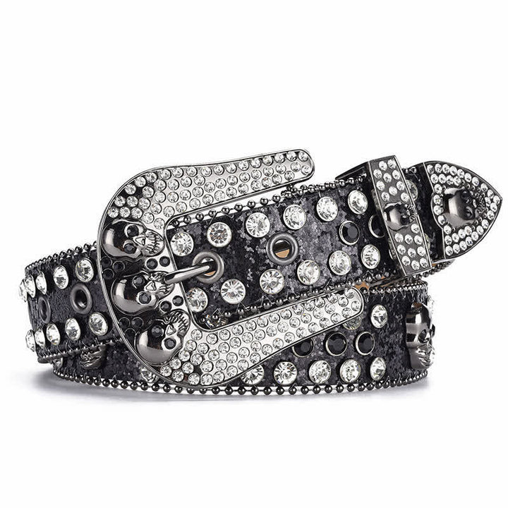 Cintura in pelle con fibbia a teschio punk da donna e bordo con perline - image 1