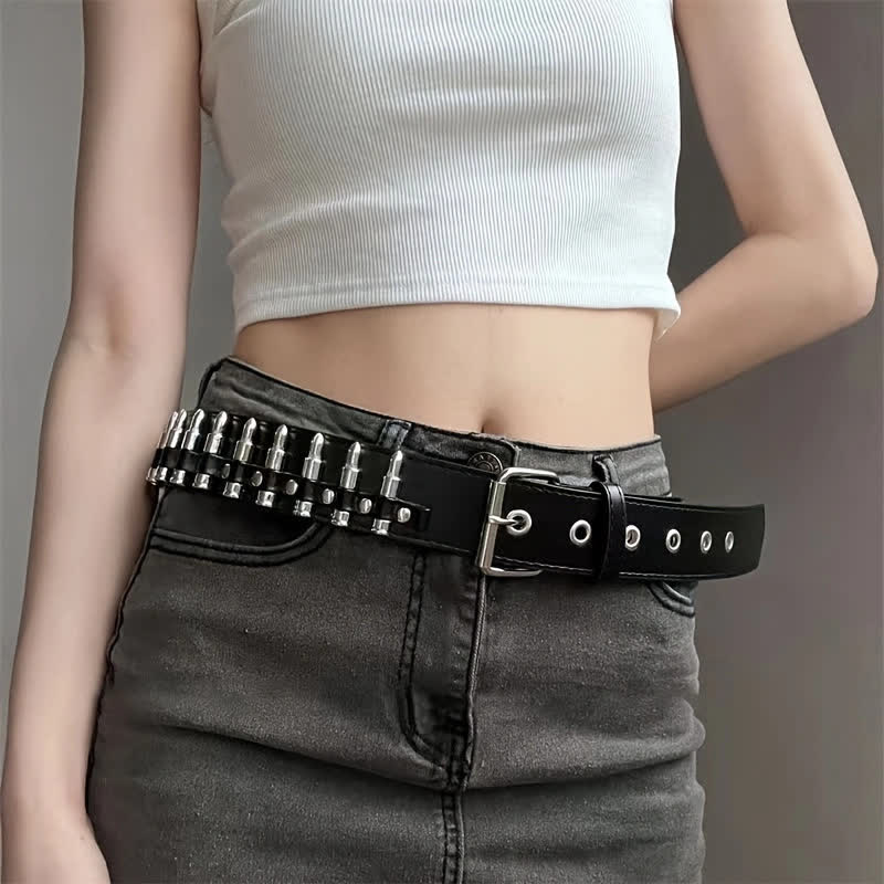 Cintura in pelle con borchie e rivetti con proiettili punk rock neri - image 1