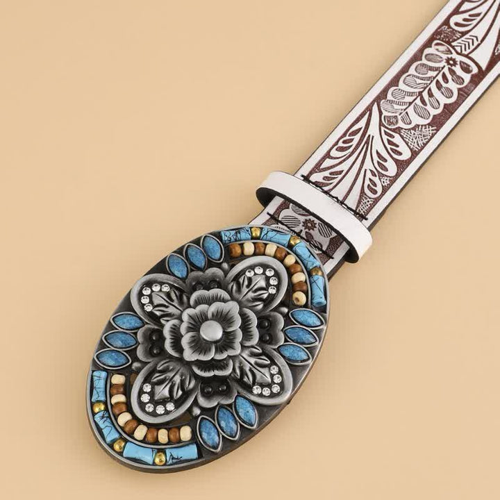 Cintura in pelle con motivo floreale boho in pietra turchese da donna - image 1