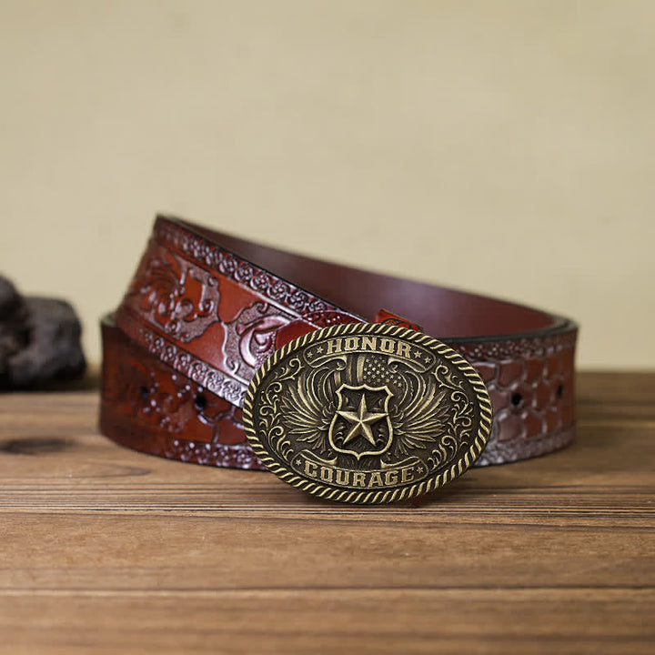 Cintura in pelle con fibbia ad ali d'aquila fai da te Honor Courage da uomo - Bronzo antico - Cintura marrone intagliata (40) - image 13