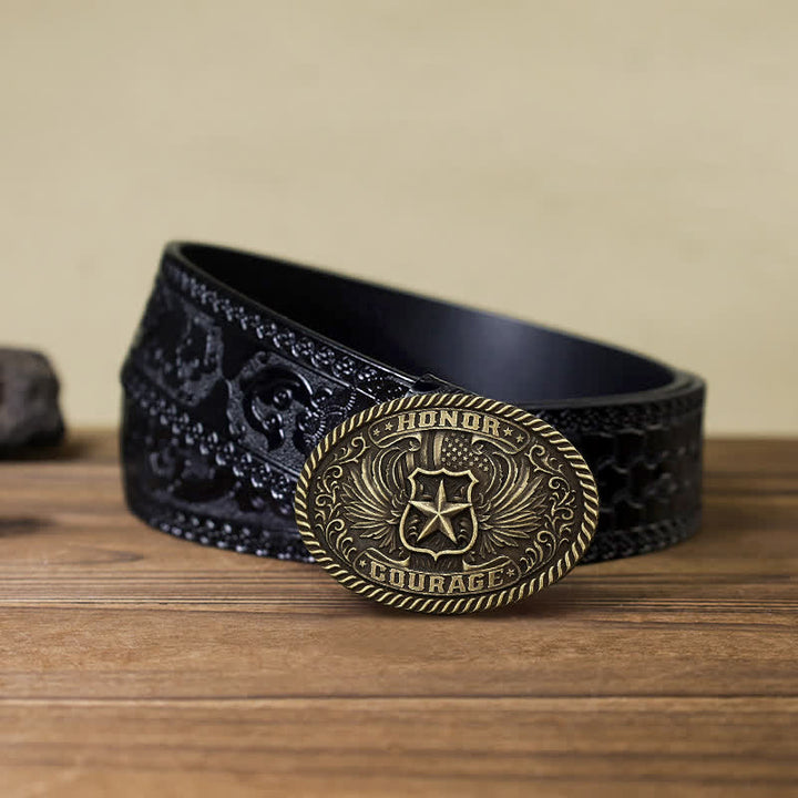 Cintura in pelle con fibbia ad ali d'aquila fai da te Honor Courage da uomo - Bronzo antico - Cintura nera intagliata (40) - image 11