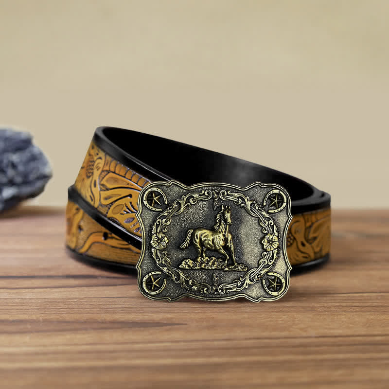 Cintura in pelle con fibbia a forma di cavallo da corsa selvaggio fai da te da uomo - Bronzo antico - Cintura marrone sabbia (40) - image 15