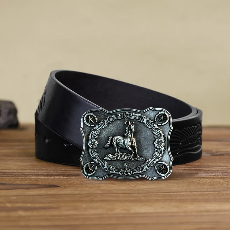 Cintura in pelle con fibbia a forma di cavallo da corsa selvaggio fai da te da uomo - Argento antico - Cintura aquila in rilievo nera (40) - image 6