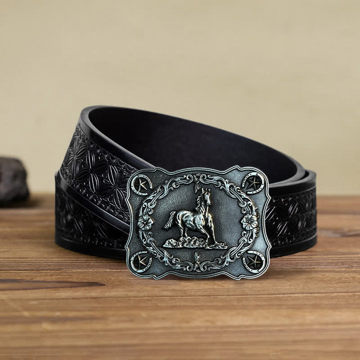 Cintura in pelle con fibbia a forma di cavallo da corsa selvaggio fai da te da uomo - Argento antico - Cintura in tessuto goffrato nero (40) - image 8