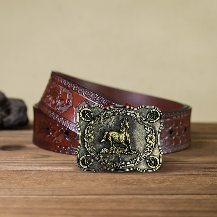 Cintura in pelle con fibbia a forma di cavallo da corsa selvaggio fai da te da uomo - Bronzo antico - Cintura marrone intagliata (40) - image 13