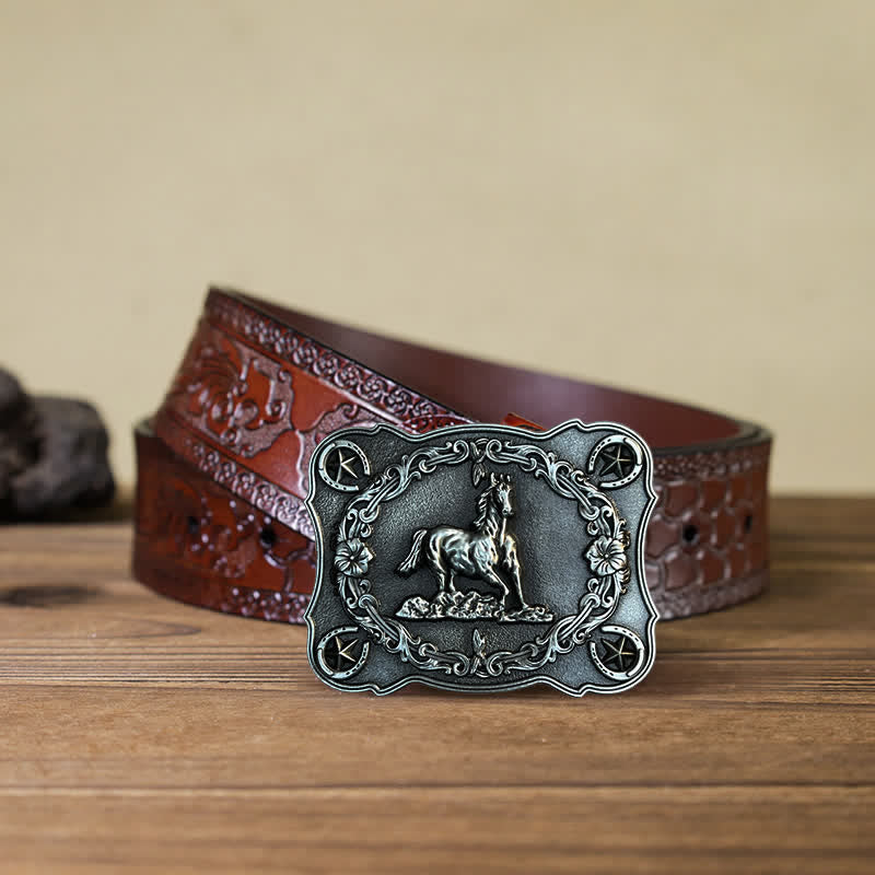 Cintura in pelle con fibbia a forma di cavallo da corsa selvaggio fai da te da uomo - Argento antico - Cintura marrone intagliata (40) - image 12