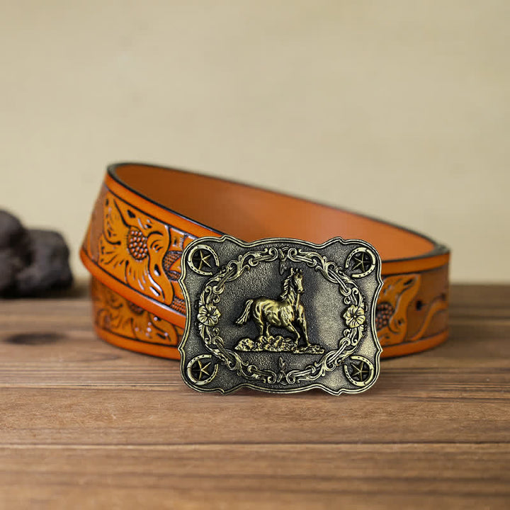 Cintura in pelle con fibbia a forma di cavallo da corsa selvaggio fai da te da uomo - Bronzo antico - Cintura intagliata arancione (40) - image 17