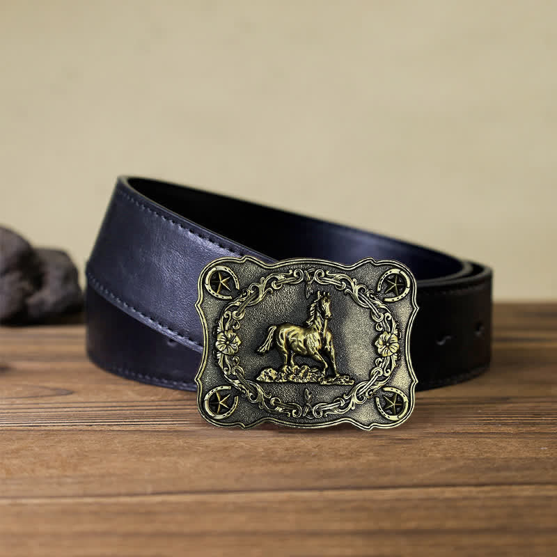 Cintura in pelle con fibbia a forma di cavallo da corsa selvaggio fai da te da uomo - Bronzo antico - Cintura PU nera (40) - image 5