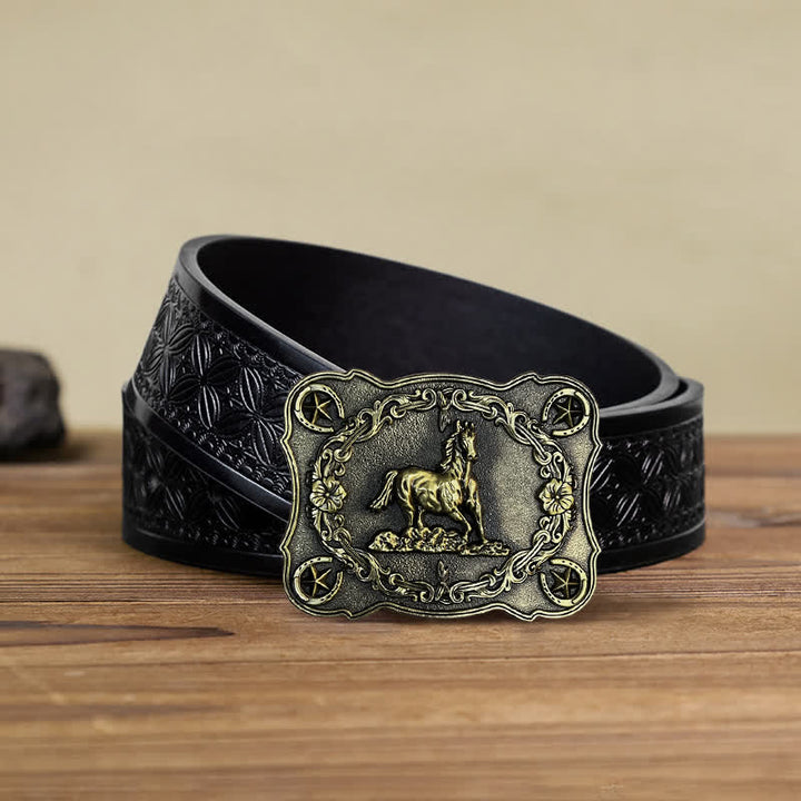 Cintura in pelle con fibbia a forma di cavallo da corsa selvaggio fai da te da uomo - Bronzo antico - Cintura in tessuto goffrato nero (40) - image 9