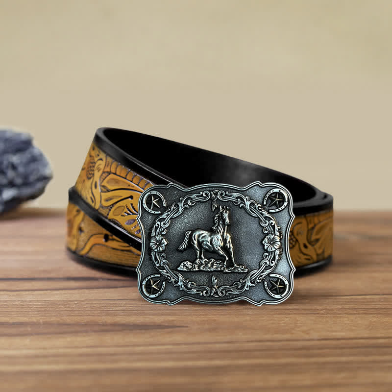 Cintura in pelle con fibbia a forma di cavallo da corsa selvaggio fai da te da uomo - Argento antico - Cintura marrone sabbia (40) - image 14