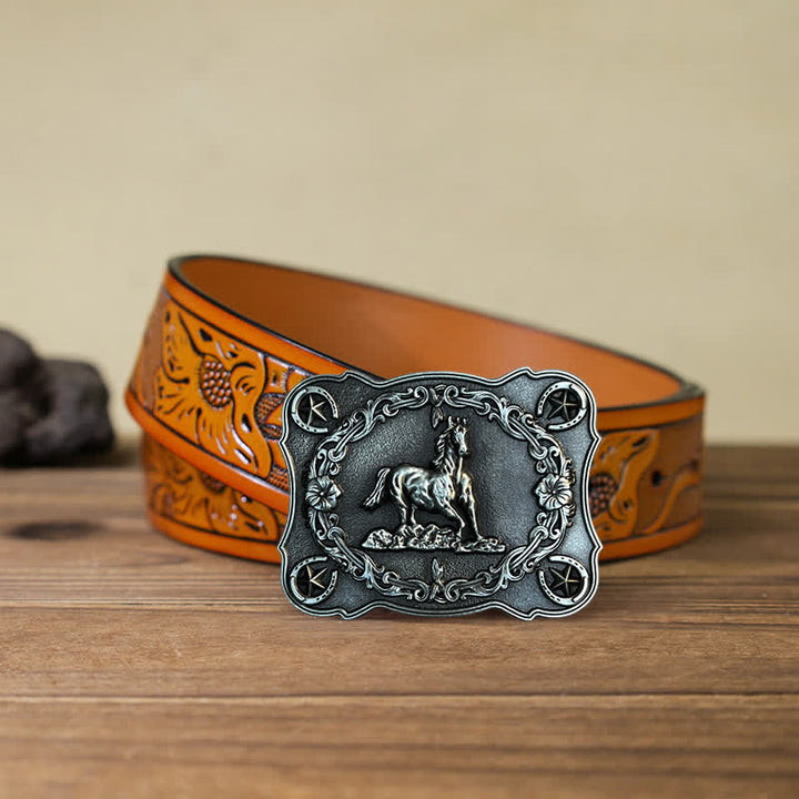 Cintura in pelle con fibbia a forma di cavallo da corsa selvaggio fai da te da uomo - Argento antico - Cintura intagliata arancione (40) - image 16