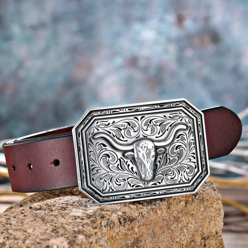 Cintura in pelle fai da te semplice con fibbia a testa di toro Longhorn da uomo - image 1