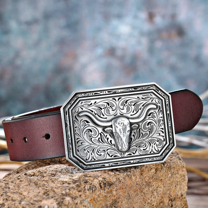 Cintura in pelle fai da te semplice con fibbia a testa di toro Longhorn da uomo - image 1