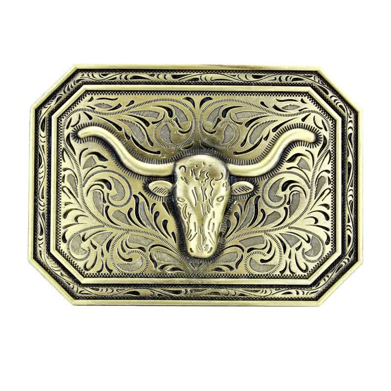 Cintura in pelle fai da te semplice con fibbia a testa di toro Longhorn da uomo - Bronzo - Senza cintura - image 3
