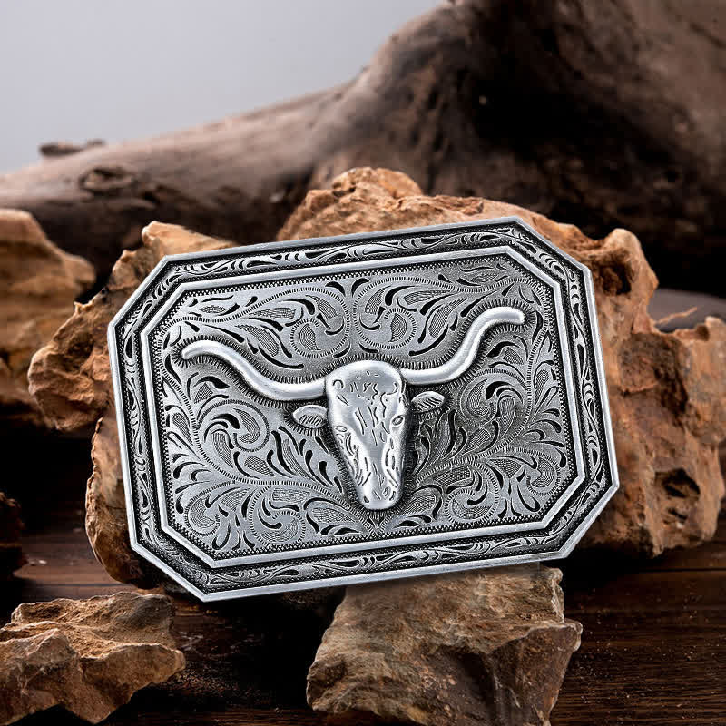 Cintura in pelle fai da te semplice con fibbia a testa di toro Longhorn da uomo - Argento - Senza cintura - image 0