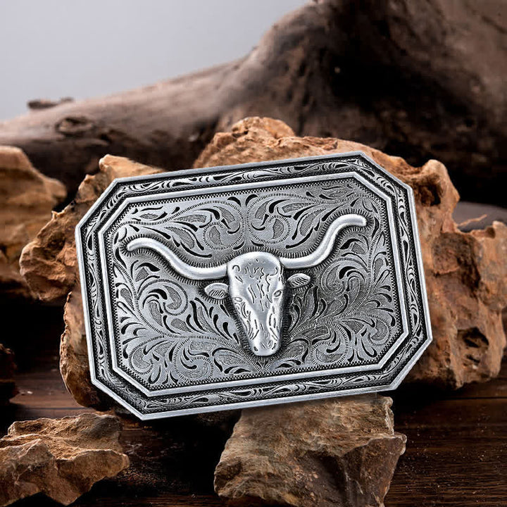 Cintura in pelle fai da te semplice con fibbia a testa di toro Longhorn da uomo - Argento - Senza cintura - image 0