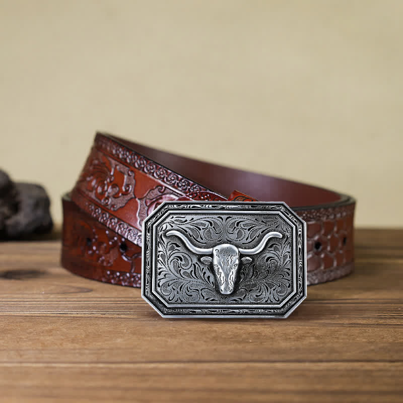 Cintura in pelle fai da te semplice con fibbia a testa di toro Longhorn da uomo - Argento - Cintura marrone intagliata (40) - image 13