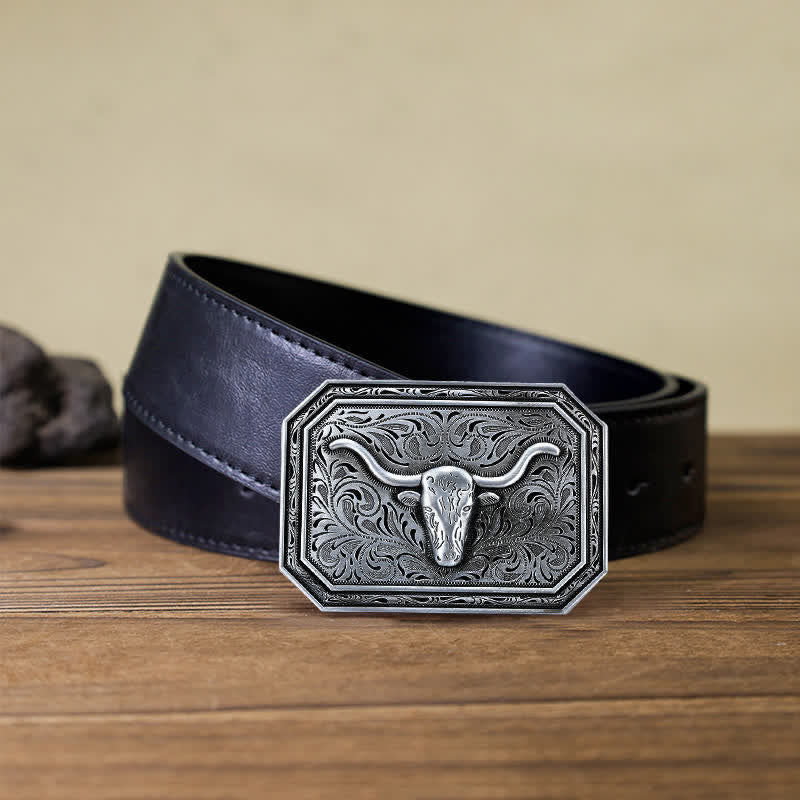 Cintura in pelle fai da te semplice con fibbia a testa di toro Longhorn da uomo - Argento - Cintura PU nera (40) - image 5