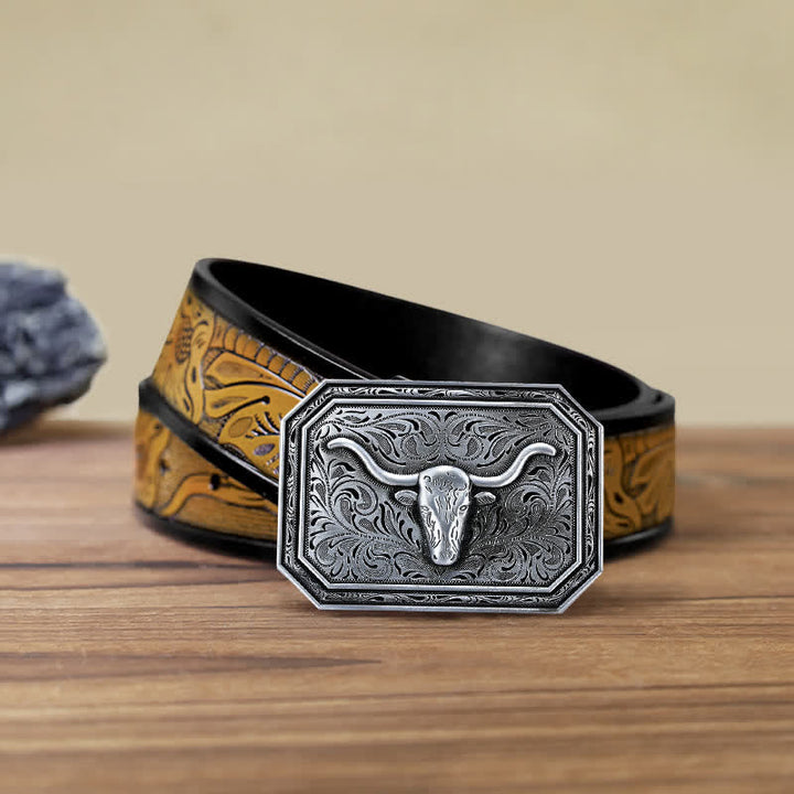 Cintura in pelle fai da te semplice con fibbia a testa di toro Longhorn da uomo - Argento - Cintura marrone sabbia (40) - image 15