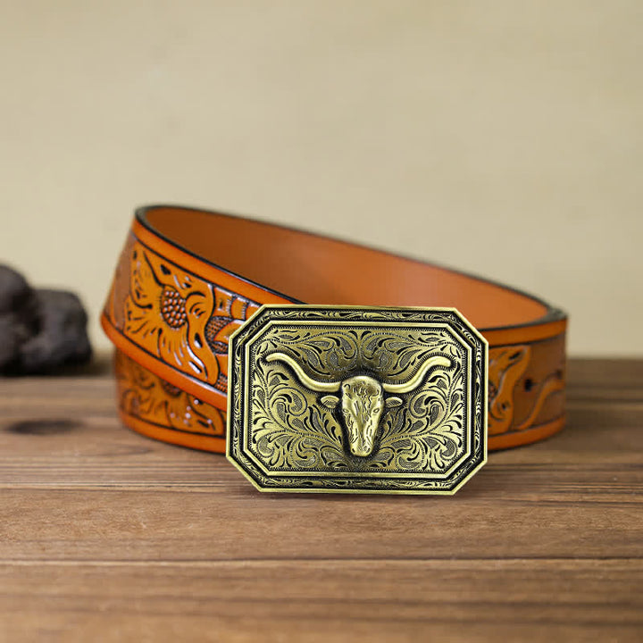 Cintura in pelle fai da te semplice con fibbia a testa di toro Longhorn da uomo - Bronzo - Cintura intagliata arancione (40) - image 18