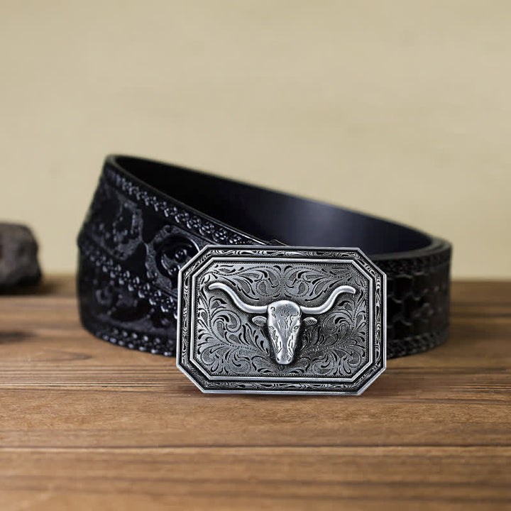 Cintura in pelle fai da te semplice con fibbia a testa di toro Longhorn da uomo - Argento - Cintura nera intagliata (40) - image 11