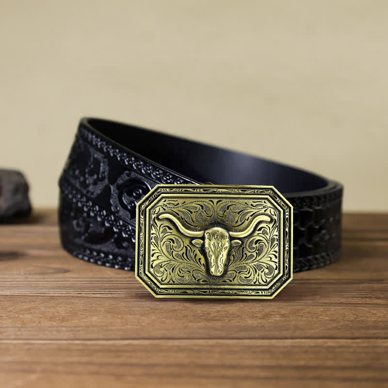 Cintura in pelle fai da te semplice con fibbia a testa di toro Longhorn da uomo - Bronzo - Cintura nera intagliata (40) - image 12