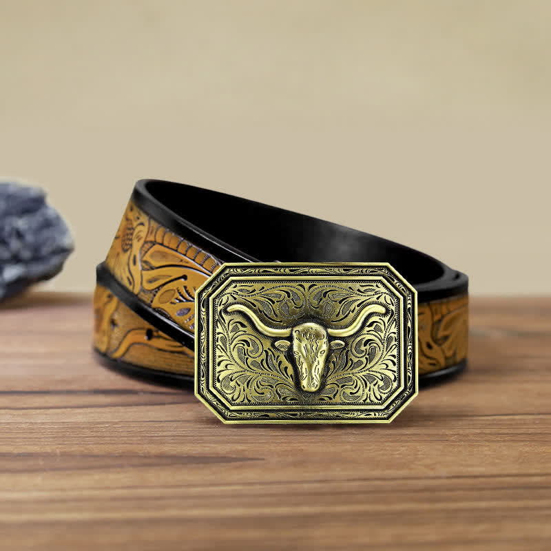 Cintura in pelle fai da te semplice con fibbia a testa di toro Longhorn da uomo - Bronzo - Cintura marrone sabbia (40) - image 16