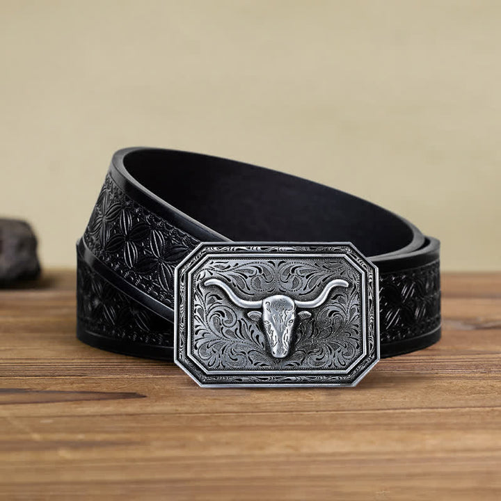 Cintura in pelle fai da te semplice con fibbia a testa di toro Longhorn da uomo - Argento - Cintura in tessuto goffrato nero (40) - image 9