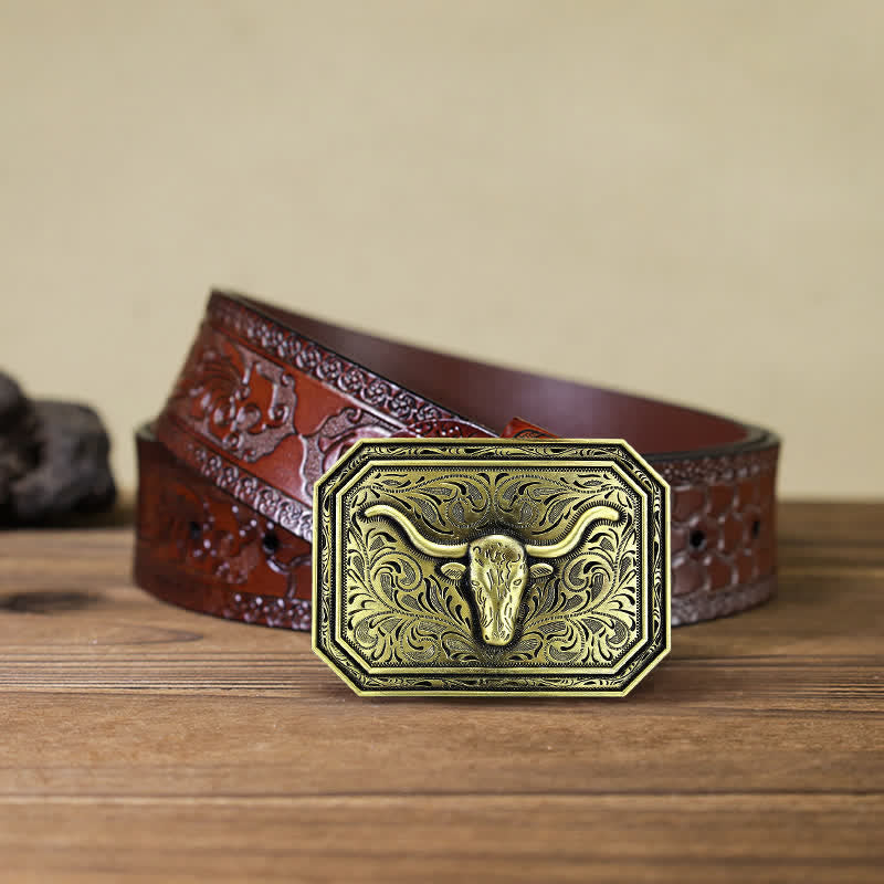 Cintura in pelle fai da te semplice con fibbia a testa di toro Longhorn da uomo - Bronzo - Cintura marrone intagliata (40) - image 14