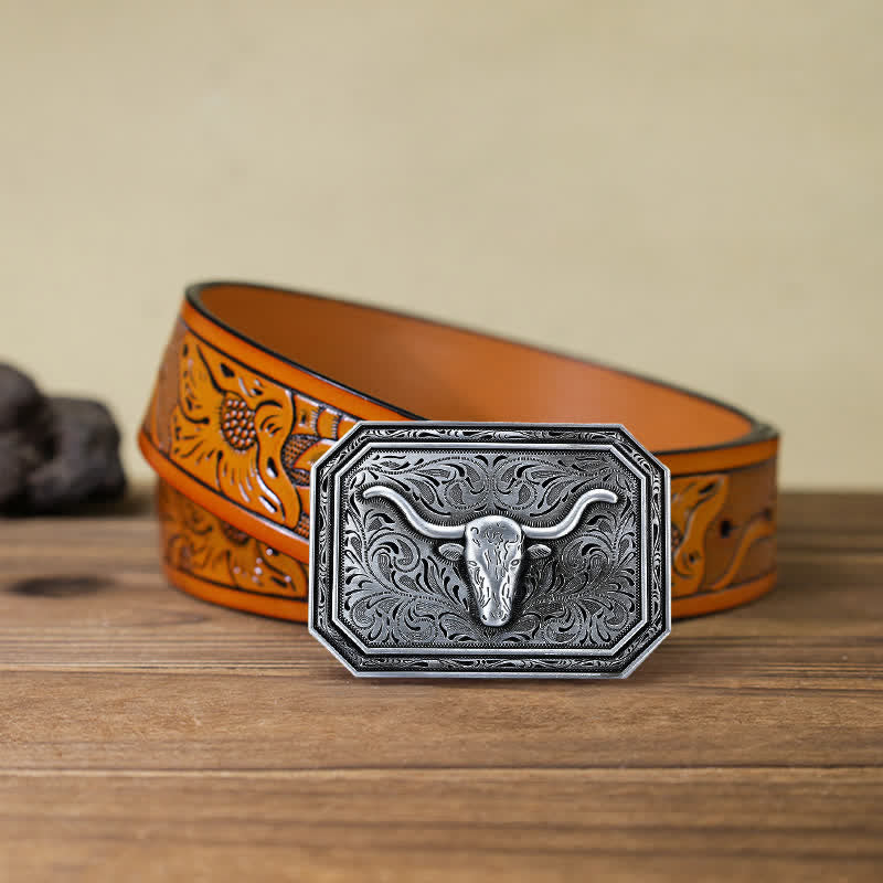 Cintura in pelle fai da te semplice con fibbia a testa di toro Longhorn da uomo - Argento - Cintura intagliata arancione (40) - image 17