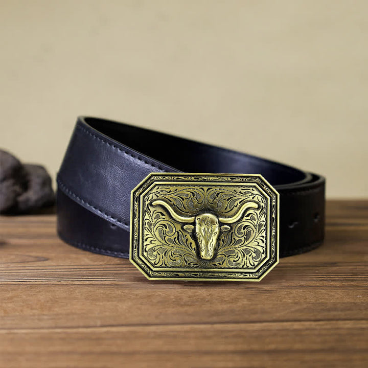 Cintura in pelle fai da te semplice con fibbia a testa di toro Longhorn da uomo - Bronzo - Cintura PU nera (40) - image 6