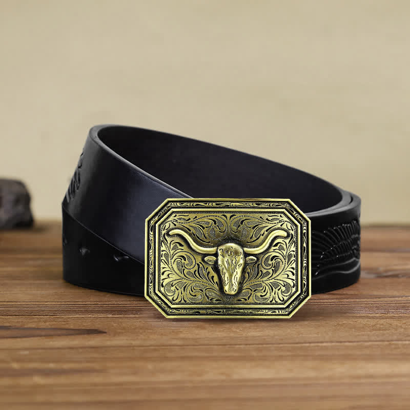 Cintura in pelle fai da te semplice con fibbia a testa di toro Longhorn da uomo - Bronzo - Cintura aquila in rilievo nera (40) - image 8