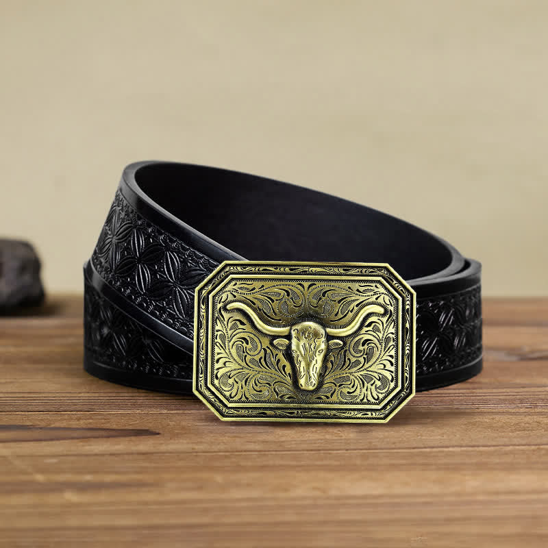 Cintura in pelle fai da te semplice con fibbia a testa di toro Longhorn da uomo - Bronzo - Cintura in tessuto goffrato nero (40) - image 10