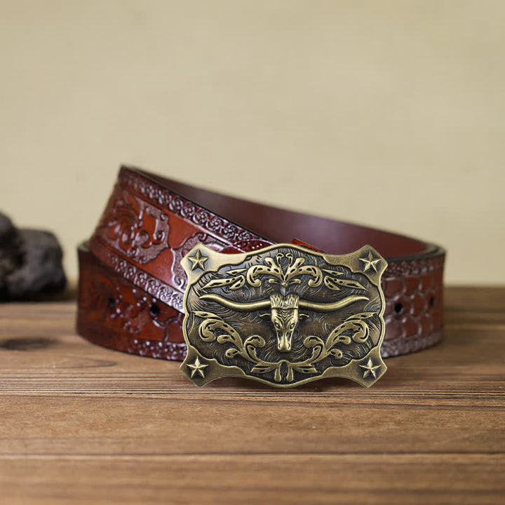 Cintura in pelle con fibbia a testa di toro quadrata fai da te da uomo in stile western - Testa di toro - Cintura marrone intagliata (40) - image 13